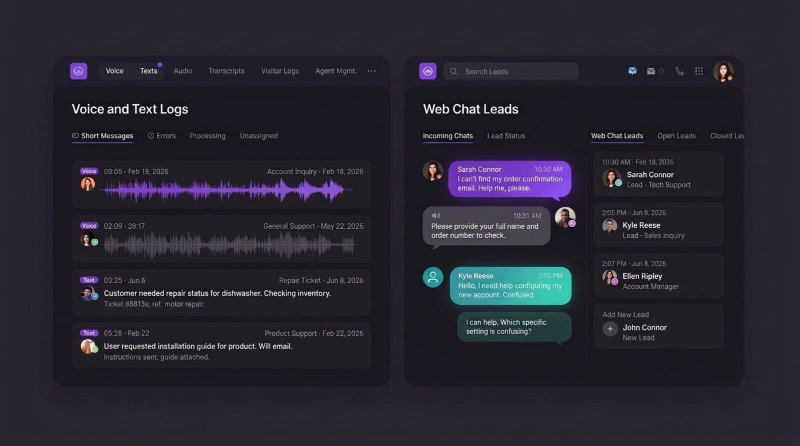 goampliops unified dashboard showing voice, text, and web chat logs